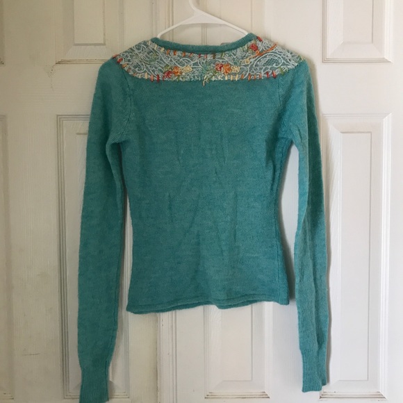 Free People light teal embroidered sweater. - Picture 2 of 7
